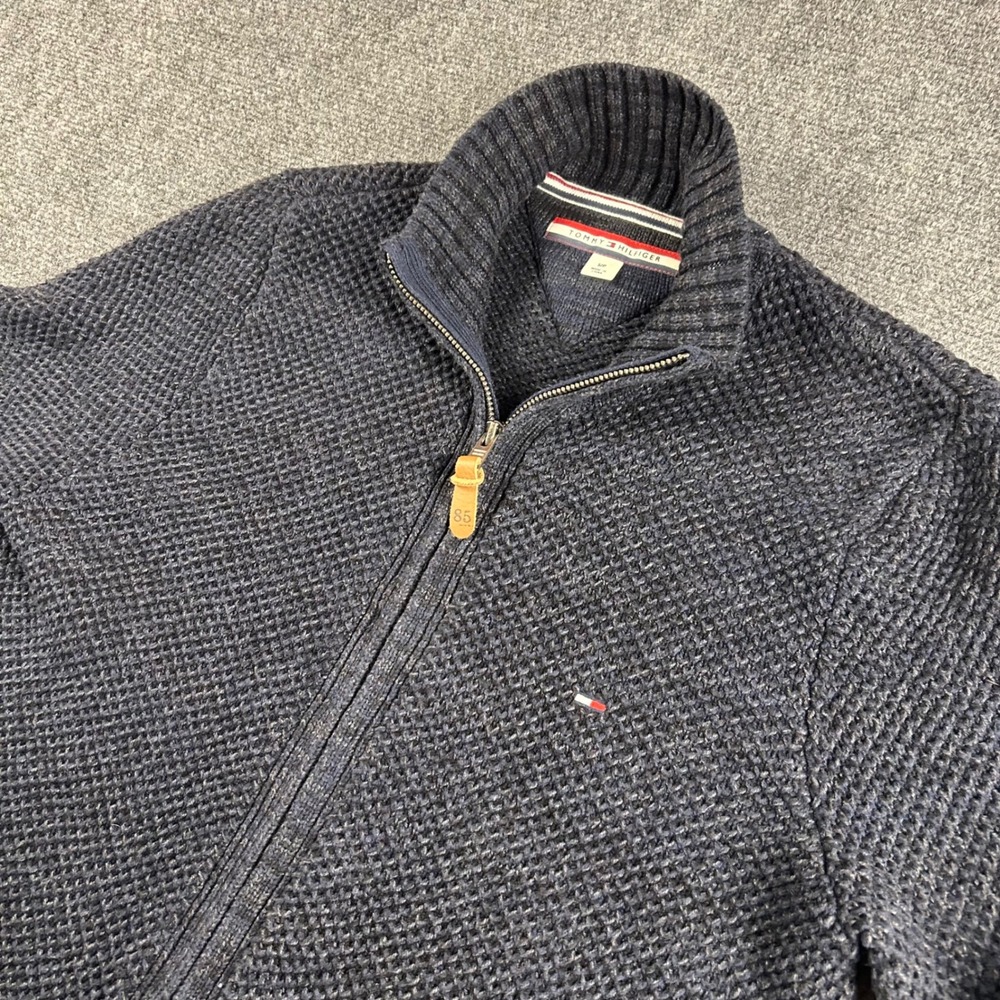 Tommy Hilfiger Mens Full Zip Cardigan Sweater Navy Blue Waffle Knit Small